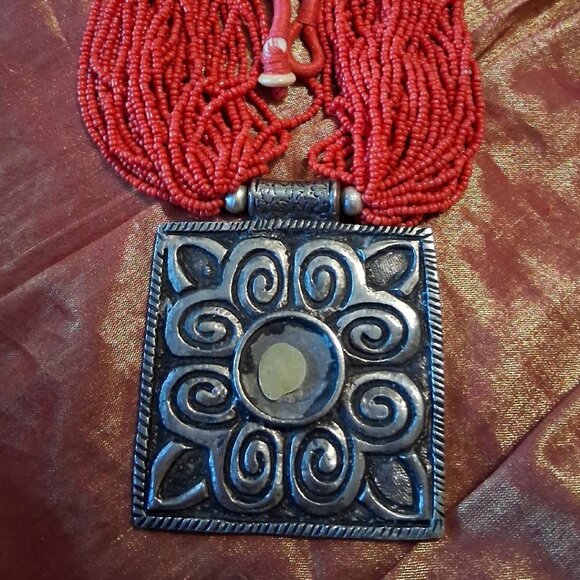 Vtg Tribal Multi Strand Seed Bead Necklace with Large Silver Pendant - Defective - Picture 1 of 5
